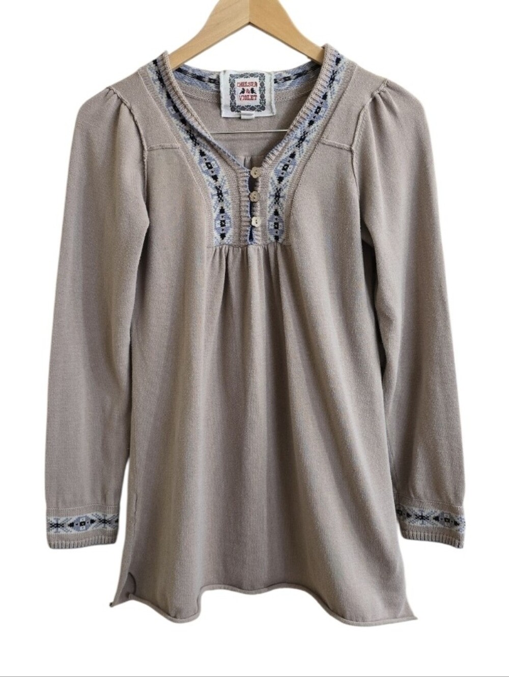 Chelsea & Violet Boho Cottagecore Tan & Blue Knit Rolled Hem Tunic. Size Medium